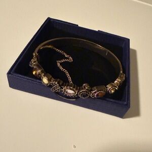 Vintage Gold Tone Bangle Bracelet,Amber,Black,Clear Rhinestones, Chain Accent